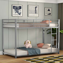 Metal Bunk Bed Twin Over Twin, Low Profile Bunk Bed Frame Platform with Ladder & Full Length Guardrail for Kids Teens, No Box Spring Needed