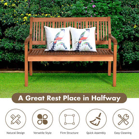 2-Person Eucalyptus Wood Garden Bench Outdoor Park Patio Large Loveseat Chair with Curved Backrest & Wide Armrest
