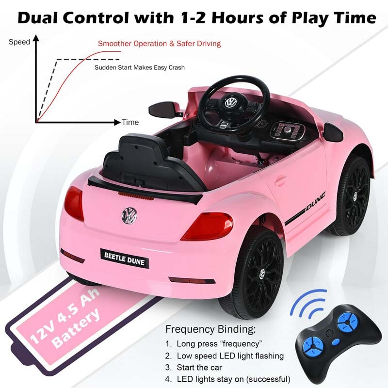 12V Kids Ride-on Car Licensed Volkswagen Beetle Battery Powered Vehicle Riding Toy Car with Remote Control, Spring Suspension & LED Lights