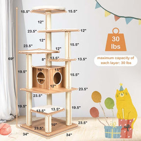 69" Tall Cat Tree, Modern Wood Cat Tower with Multi-Level Platforms, Sisal Scratching Posts & Washable Cushions for Large Cats up to 20 lbs
