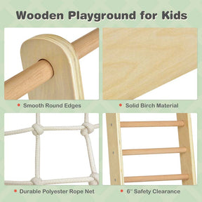 8-in-1 Wooden Indoor Playground, Montessori Jungle Gym for Toddlers w/ Double-Sided Slide, Swing & Climbing Net, Climber Playset for Kids