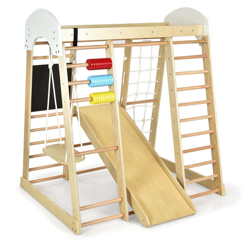 8-in-1 Wooden Indoor Playground, Montessori Jungle Gym for Toddlers w/ Double-Sided Slide, Swing & Climbing Net, Climber Playset for Kids