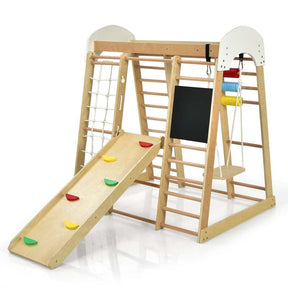 8-in-1 Wooden Indoor Playground, Montessori Jungle Gym for Toddlers w/ Double-Sided Slide, Swing & Climbing Net, Climber Playset for Kids