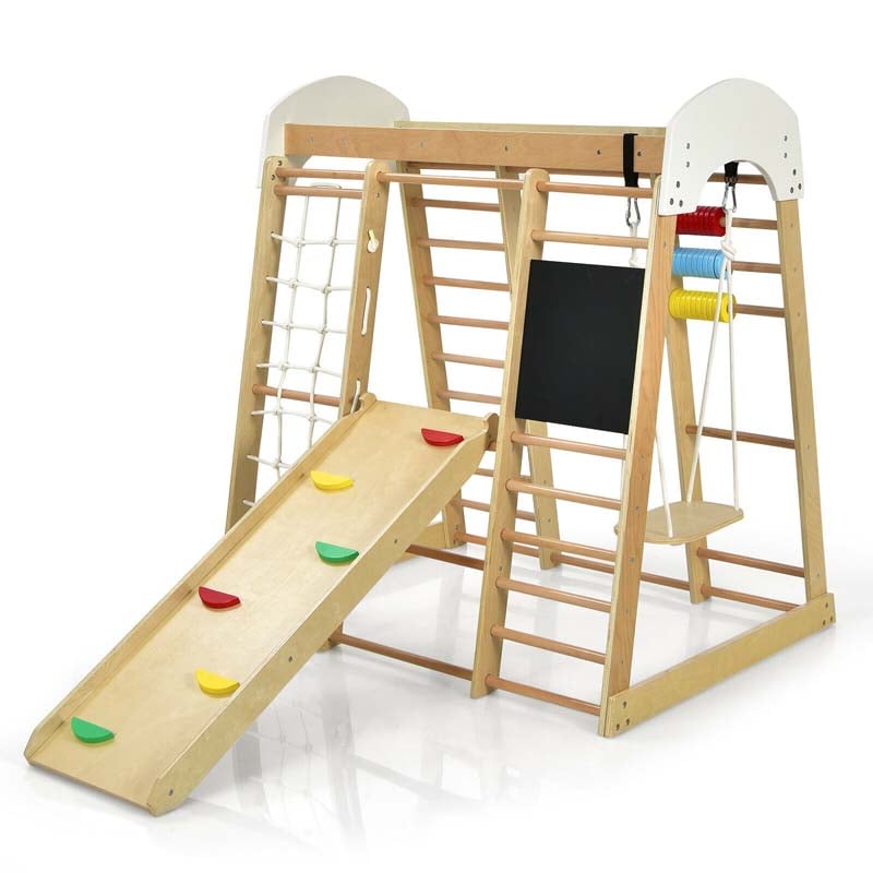 8-in-1 Wooden Indoor Playground, Montessori Jungle Gym for Toddlers w/ Double-Sided Slide, Swing & Climbing Net, Climber Playset for Kids