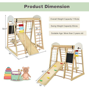 8-in-1 Wooden Indoor Playground, Montessori Jungle Gym for Toddlers w/ Double-Sided Slide, Swing & Climbing Net, Climber Playset for Kids