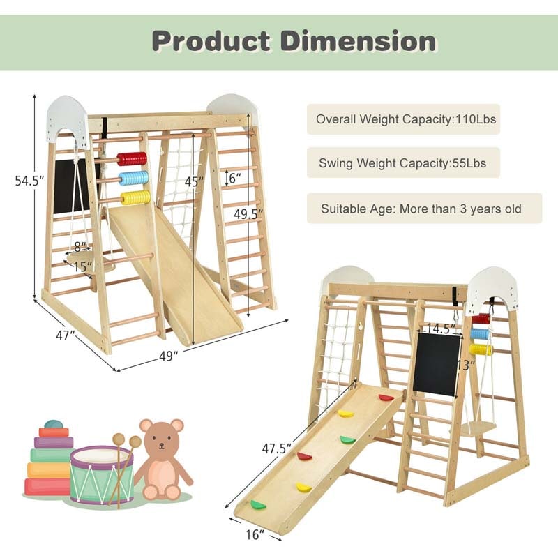 8-in-1 Wooden Indoor Playground, Montessori Jungle Gym for Toddlers w/ Double-Sided Slide, Swing & Climbing Net, Climber Playset for Kids