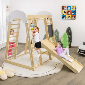 8-in-1 Wooden Indoor Playground, Montessori Jungle Gym for Toddlers w/ Double-Sided Slide, Swing & Climbing Net, Climber Playset for Kids