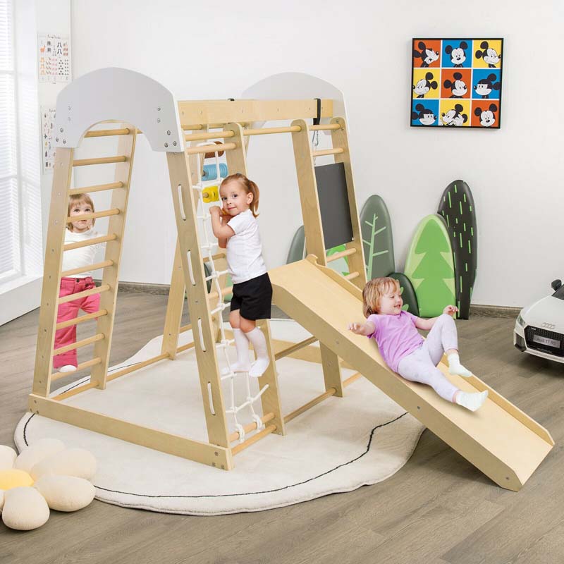 8-in-1 Wooden Indoor Playground, Montessori Jungle Gym for Toddlers w/ Double-Sided Slide, Swing & Climbing Net, Climber Playset for Kids