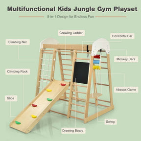 8-in-1 Wooden Indoor Playground, Montessori Jungle Gym for Toddlers w/ Double-Sided Slide, Swing & Climbing Net, Climber Playset for Kids
