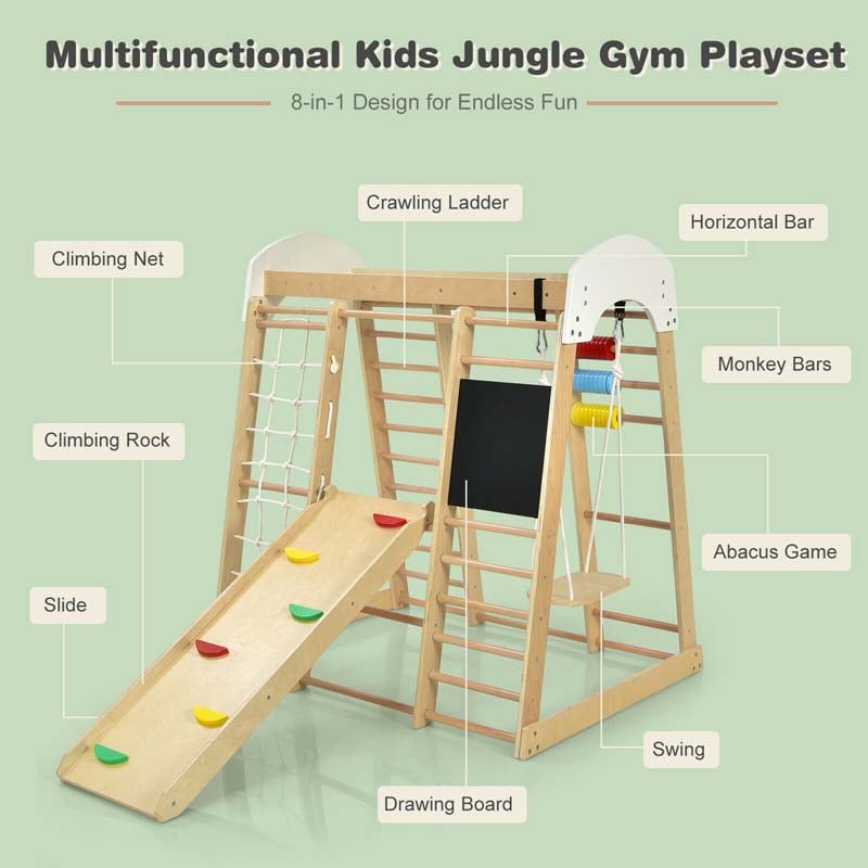 8-in-1 Wooden Indoor Playground, Montessori Jungle Gym for Toddlers w/ Double-Sided Slide, Swing & Climbing Net, Climber Playset for Kids