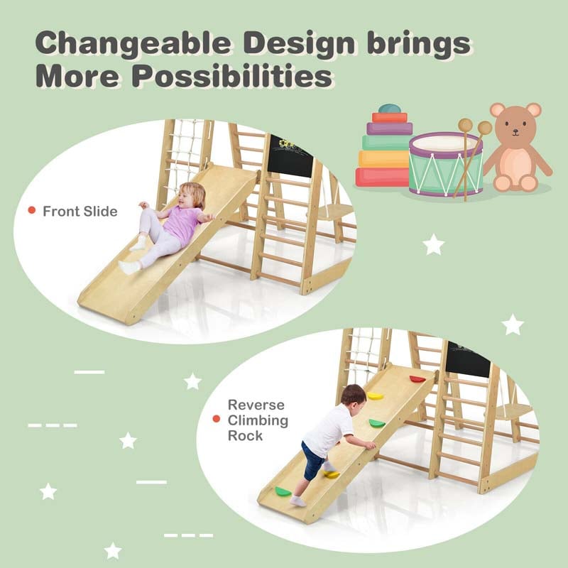 8-in-1 Wooden Indoor Playground, Montessori Jungle Gym for Toddlers w/ Double-Sided Slide, Swing & Climbing Net, Climber Playset for Kids