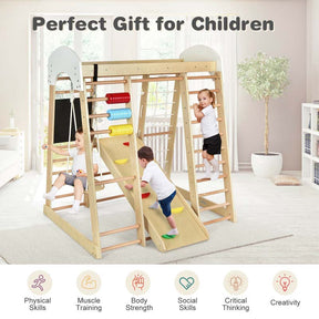8-in-1 Wooden Indoor Playground, Montessori Jungle Gym for Toddlers w/ Double-Sided Slide, Swing & Climbing Net, Climber Playset for Kids