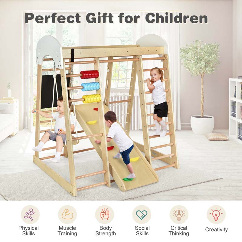 8-in-1 Wooden Indoor Playground, Montessori Jungle Gym for Toddlers w/ Double-Sided Slide, Swing & Climbing Net, Climber Playset for Kids