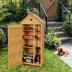 63" Wood Outdoor Storage Shed Lockable Garden Tools Storage Cabinet with 5 Shelves, Galvanized Sheet Roof