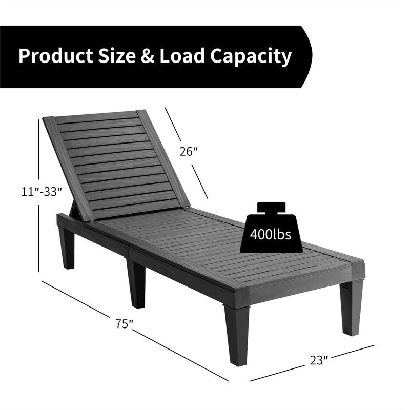 Outdoor Chaise Lounge Chair, 5-Position Adjustable Recliner with Weather-Resistant Wood Texture, Waterproof Sun Lounger for Poolside, Backyard