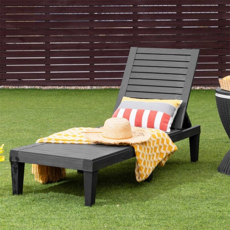 Outdoor Chaise Lounge Chair, 5-Position Adjustable Recliner with Weather-Resistant Wood Texture, Waterproof Sun Lounger for Poolside, Backyard