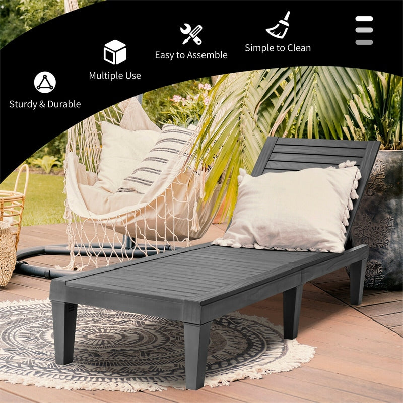 Outdoor Chaise Lounge Chair, 5-Position Adjustable Recliner with Weather-Resistant Wood Texture, Waterproof Sun Lounger for Poolside, Backyard