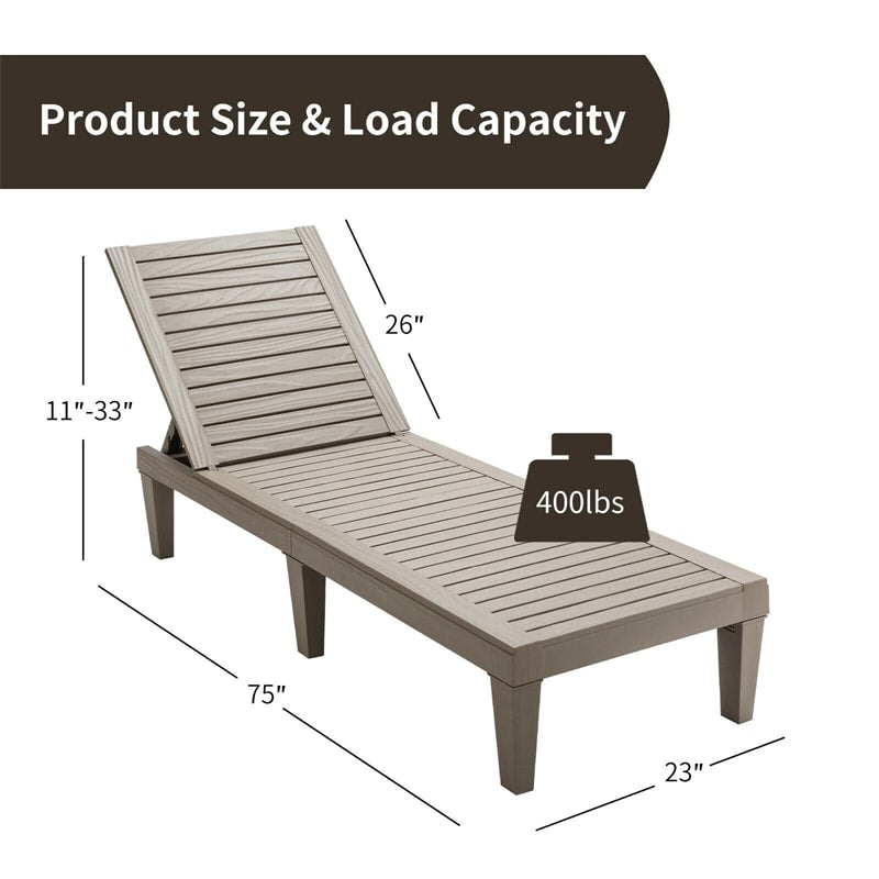 Outdoor Chaise Lounge Chair, 5-Position Adjustable Recliner with Weather-Resistant Wood Texture, Waterproof Sun Lounger for Poolside, Backyard