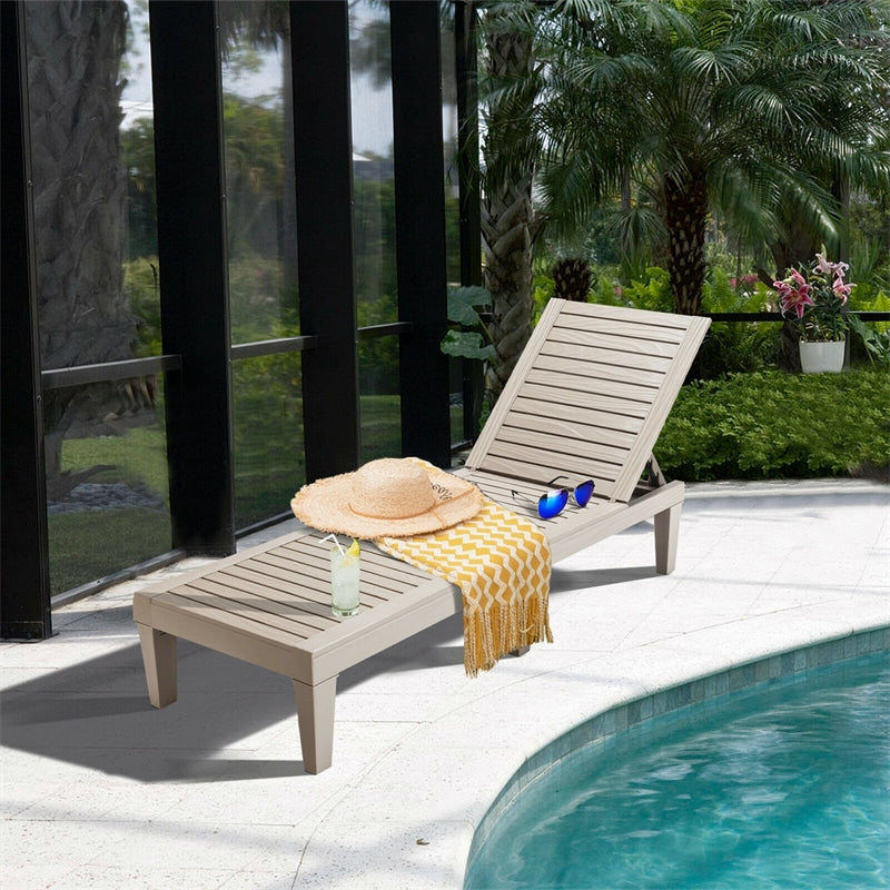 Outdoor Chaise Lounge Chair, 5-Position Adjustable Recliner with Weather-Resistant Wood Texture, Waterproof Sun Lounger for Poolside, Backyard
