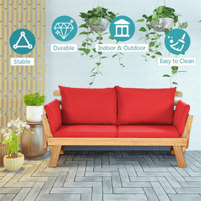 Acacia Wood Patio Daybed Convertible Couch Sofa Bed, Outdoor Folding Chaise Lounge Bench with Adjustable Armrest