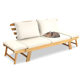 Acacia Wood Patio Daybed Convertible Couch Sofa Bed, Outdoor Folding Chaise Lounge Bench with Adjustable Armrest