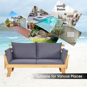 Acacia Wood Patio Daybed Convertible Couch Sofa Bed, Outdoor Folding Chaise Lounge Bench with Adjustable Armrest