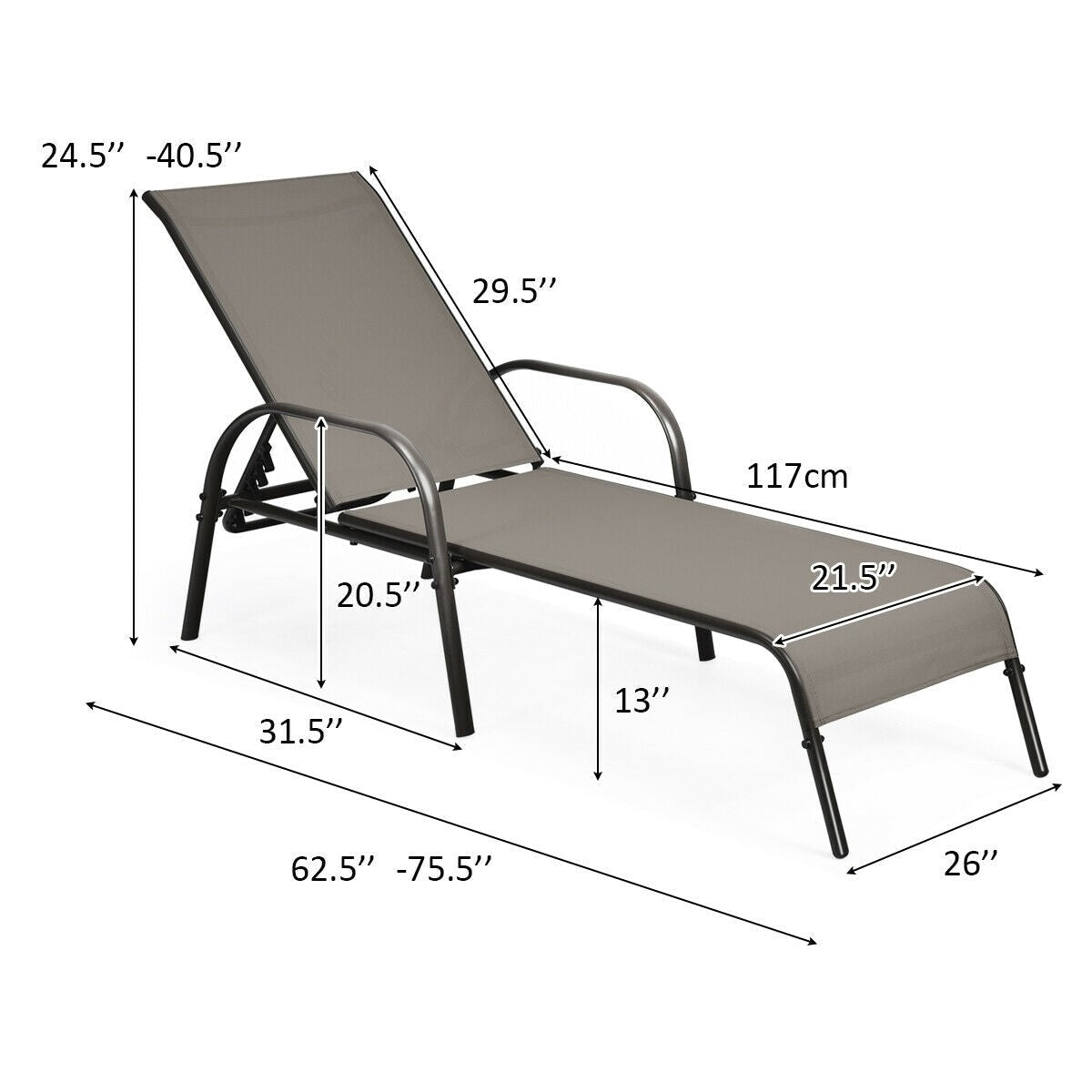 Outdoor Folding Chaise Lounge Chair with 5-Position Adjustable Backrest, Lightweight Fabric Sunbathing Chair Sun Lounger for Poolside Patio