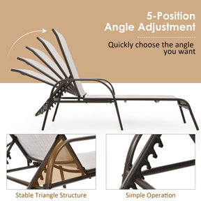 Outdoor Folding Chaise Lounge Chair with 5-Position Adjustable Backrest, Lightweight Fabric Sunbathing Chair Sun Lounger for Poolside Patio