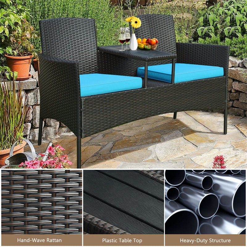 Rattan Outdoor Loveseat Bistro Set with Built-in Coffee Table & Cushions, Wicker Patio Conversation Set
