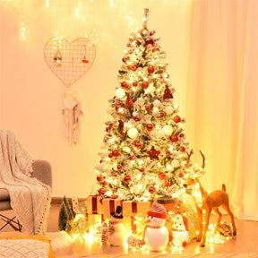 Premium Pre-Lit Snow Flocked Artificial Christmas Tree with Hinged Branch Tips & LED Lights