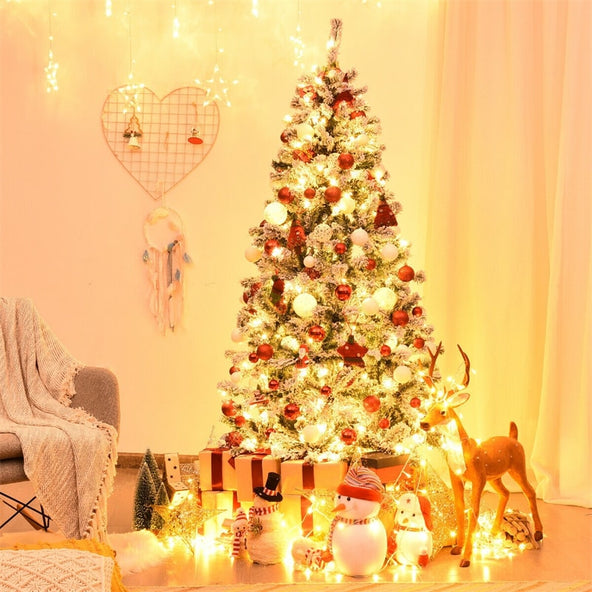 Premium Pre-Lit Snow Flocked Artificial Christmas Tree with Hinged Branch Tips & LED Lights