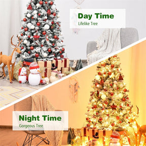 Premium Pre-Lit Snow Flocked Artificial Christmas Tree with Hinged Branch Tips & LED Lights