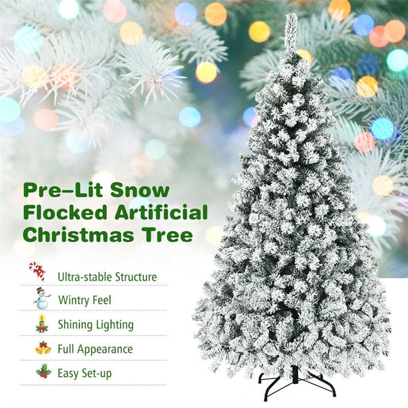 6/7.5/9FT Pre-Lit Hinged Artificial Christmas Tree, Premium PVC Snow Flocked Pine Tree with Metal Stand