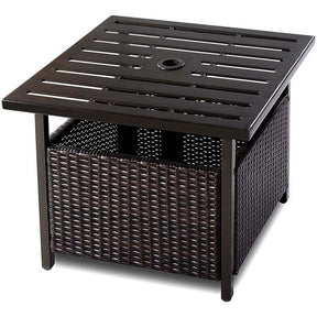 22" Rattan Wicker Steel Outdoor Patio Bistro Side Table Stand with 1.6" Umbrella Hole, Side Square Table for Deck Pool Garden