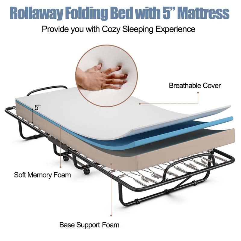 Twin Folding Bed w/ 5" Memory Foam Mattress, Portable Rollaway Guest Bed on Wheels, Heavy Duty Steel Frame, Space-Saving Design, Made in Italy