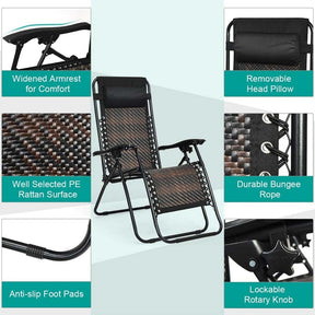 Rattan Folding Zero Gravity Lounge Chair Outdoor with Removable Pillow, Locking System, Adjustable Portable Patio Armchair